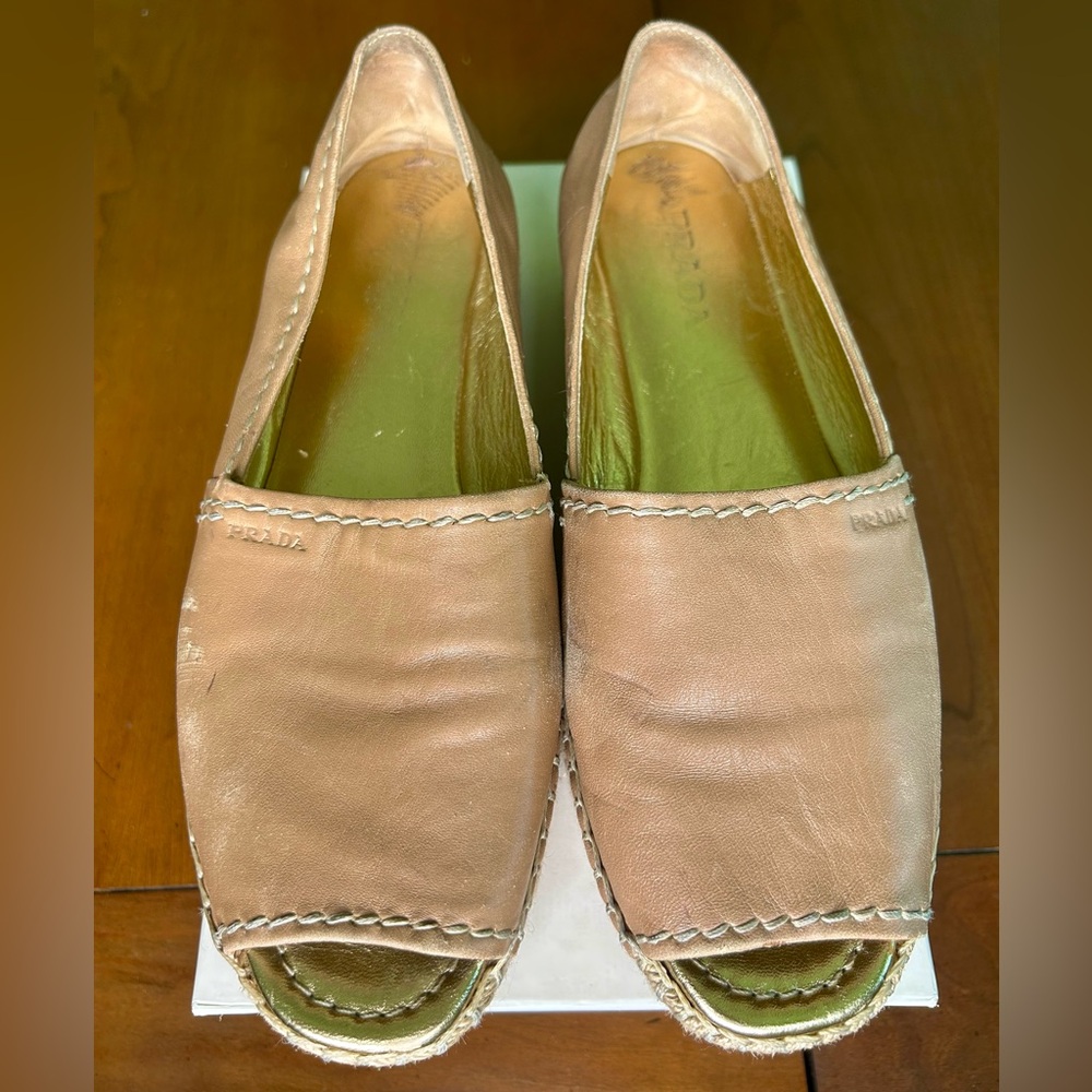 Prada Tan Leather Espadrille Platform Peep Toe Sz 39.5